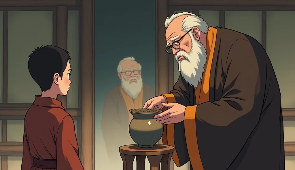 A large mirror hanging inside room, young monk student looking at mirror, his fat old monk master is standing with him beside a stand of wood and above the stand of wood a pot of mud is placed, old monk is putting his hand into pot of mud, in anime style,