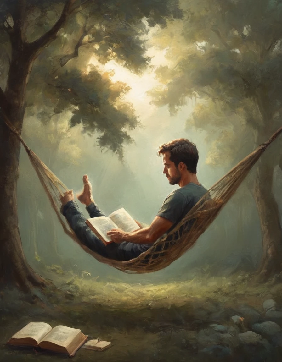 Hyperreal digital art style, "Fairytale", fantasy world coming out of centered book, open book, hyperdetailed double exposure fantasy illustration, masterpiece, cinematic, by Andreas Lie, Luke Gram, photorealism, backlit, gorgeous light, a man resting in a hammock reading a book