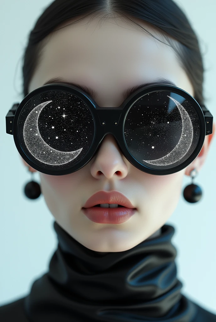 The model is wearing glass sunglasses with stars and the moon on the glass