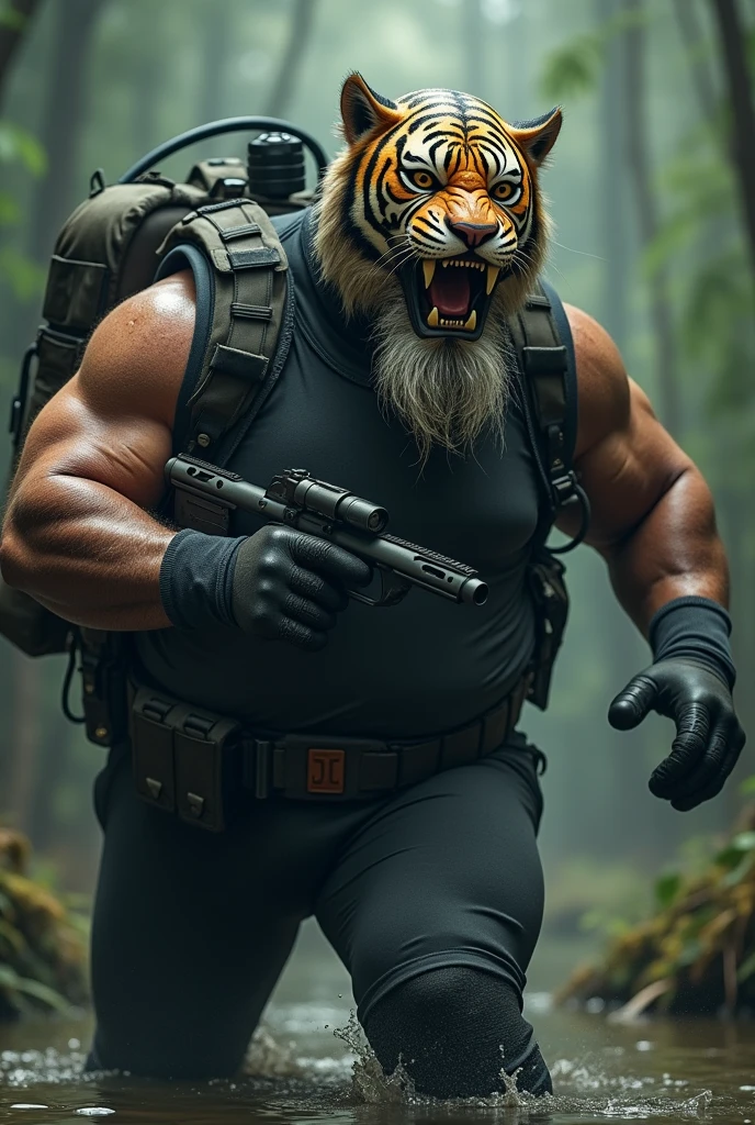 (a dark-skinned fat muscular bearded old man in skintight scuba diver suit) carrying a gun in right hand, (wearing realistic roaring tiger mask), dynamic action pose, fierce expression, showcasing an imposing stature, surrounded by military elements, dramatic shadows and intense highlights, cinematic color tones, high detail, powerful, art influenced by Bruce Onobrakpeya and Stanley Artgerm, ultra-detailed, best quality image, action-packed atmosphere. fighting stance. patrolling in a swamp