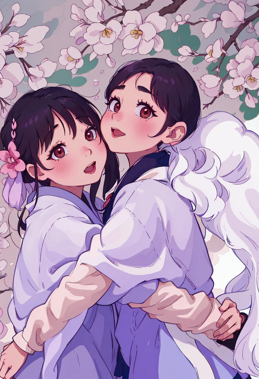 (best quality:0.8) perfect anime illustration, two asian women hugging each other in front of a cherry tree, sakimichan, cute and lovely, lovely and cute, seifuku, nixeu and sakimichan, ruan jia and fenghua zhong, profile pic, zmonzheng, inspired by Ma Yuanyu, cute girls, cutecore, sha xi