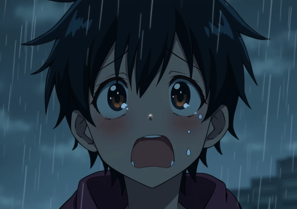 an anime crying looking sad tear falling off his eyes looking misery, on a rainy day after a breakup
