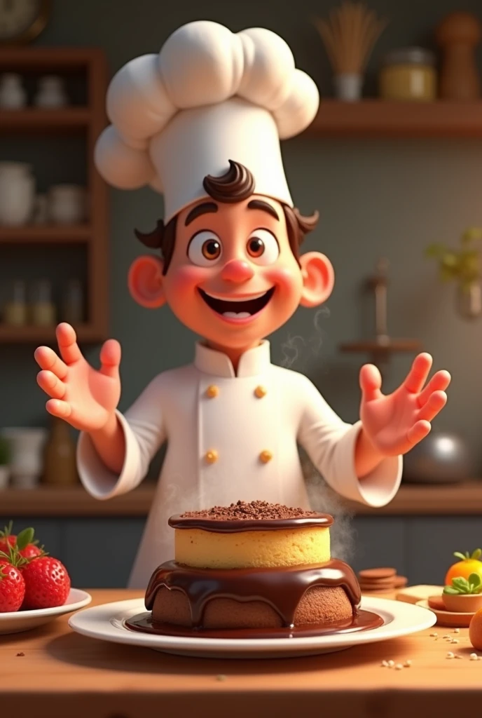 Animated chef in a kitchen suggesting a chocolate souffle dessert dish