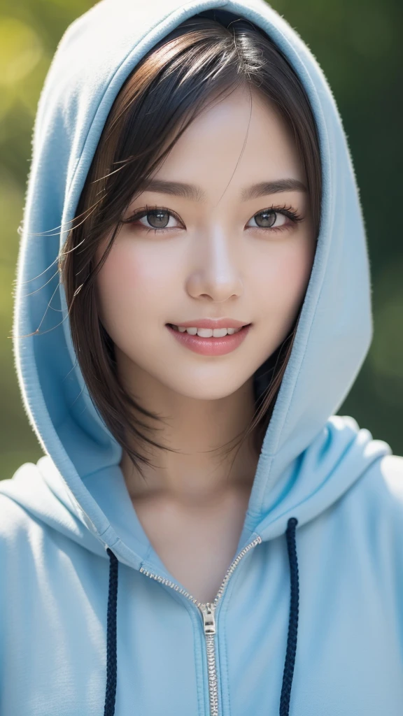 1girl, short light blue hair, smiling, blue eyes, jewelry, hood, shallow depth of field, detailed face, beautiful detailed eyes, beautiful detailed lips, extremely detailed eyes and face, long eyelashes, (best quality,4k,8k,highres,masterpiece:1.2),ultra-detailed,(realistic,photorealistic,photo-realistic:1.37), portrait, soft lighting, warm color tones