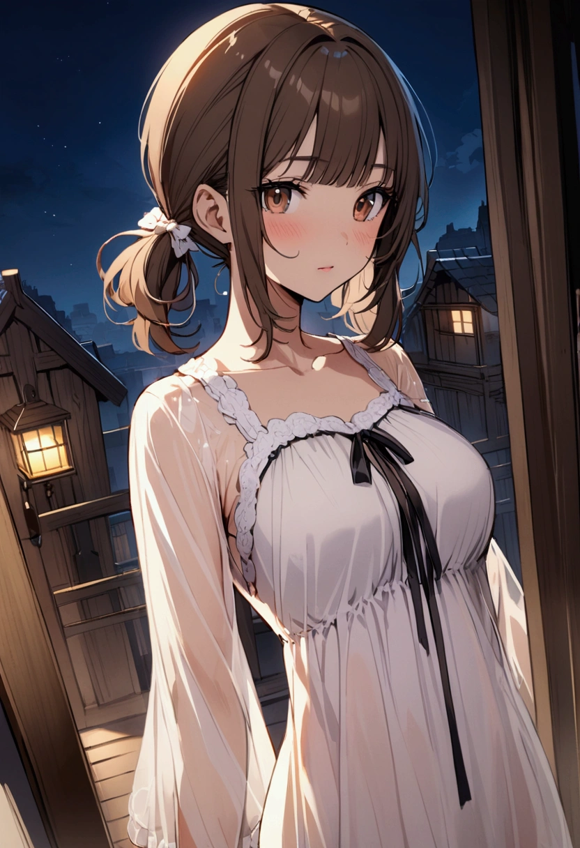 brunette girl, bangs, short pigtails, brown eyes, Night gown