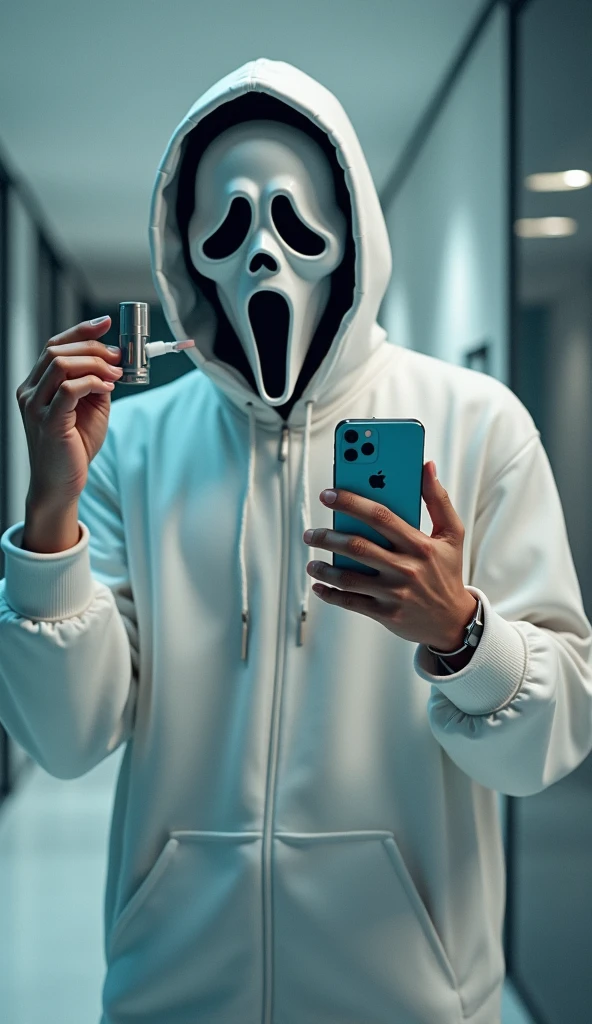 young, man, costume, scream mask, vape, in it, cool, selfie, White tunica, iphone 11
