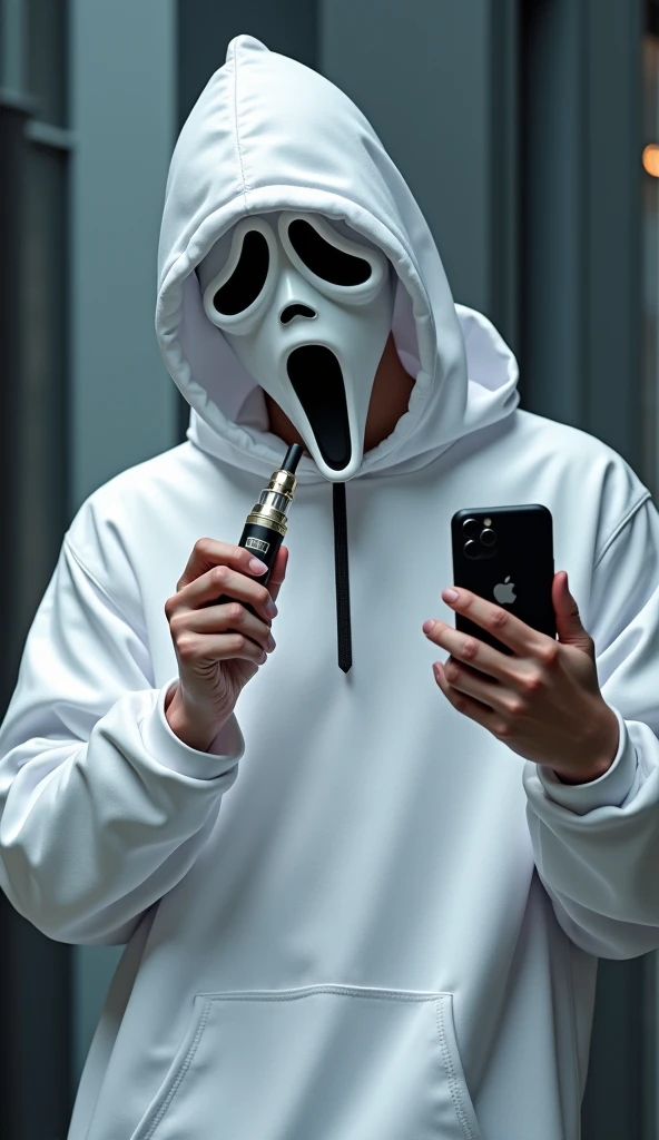 young, man, costume, scream mask, vape, in it, cool, selfie, White tunica, iphone 11