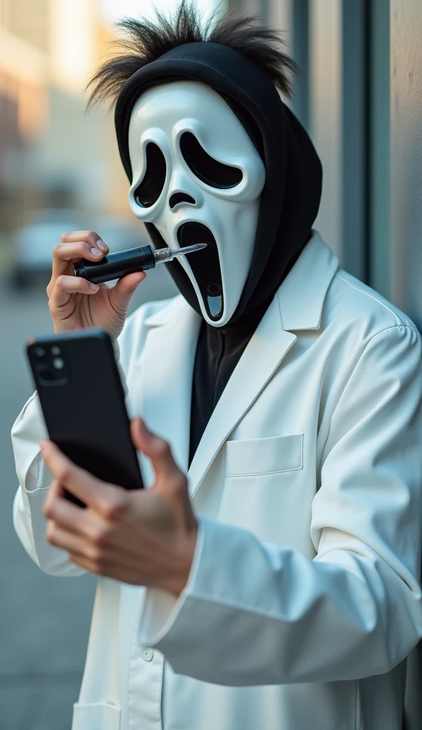 young, man, costume, scream mask, vape, in it, cool, selfie, White tunica, iphone 11