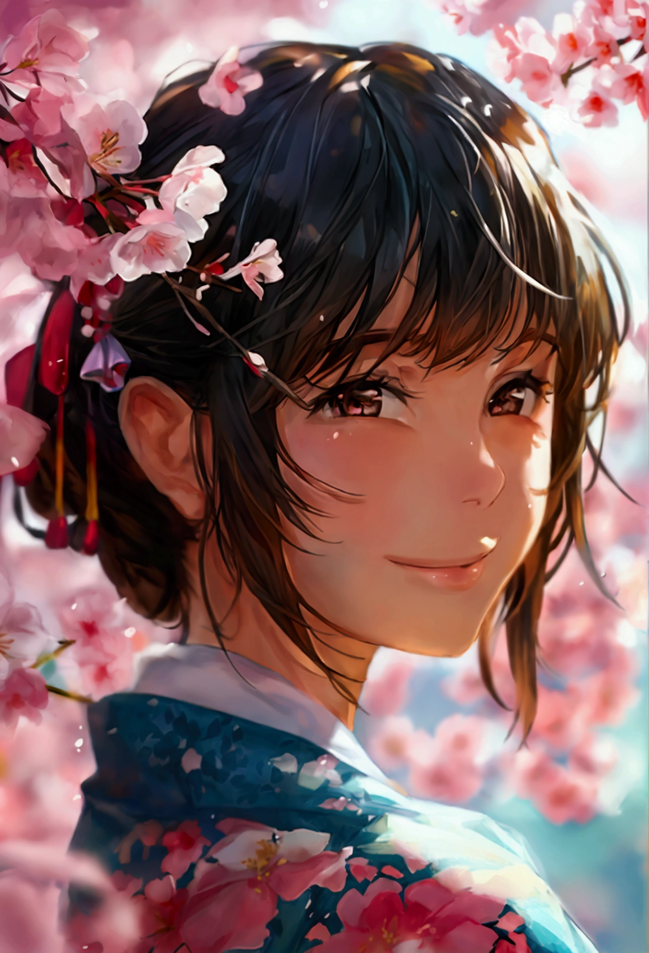 Girls​, Turning to look at the face, smiling, behind the hand of the sakura tree.