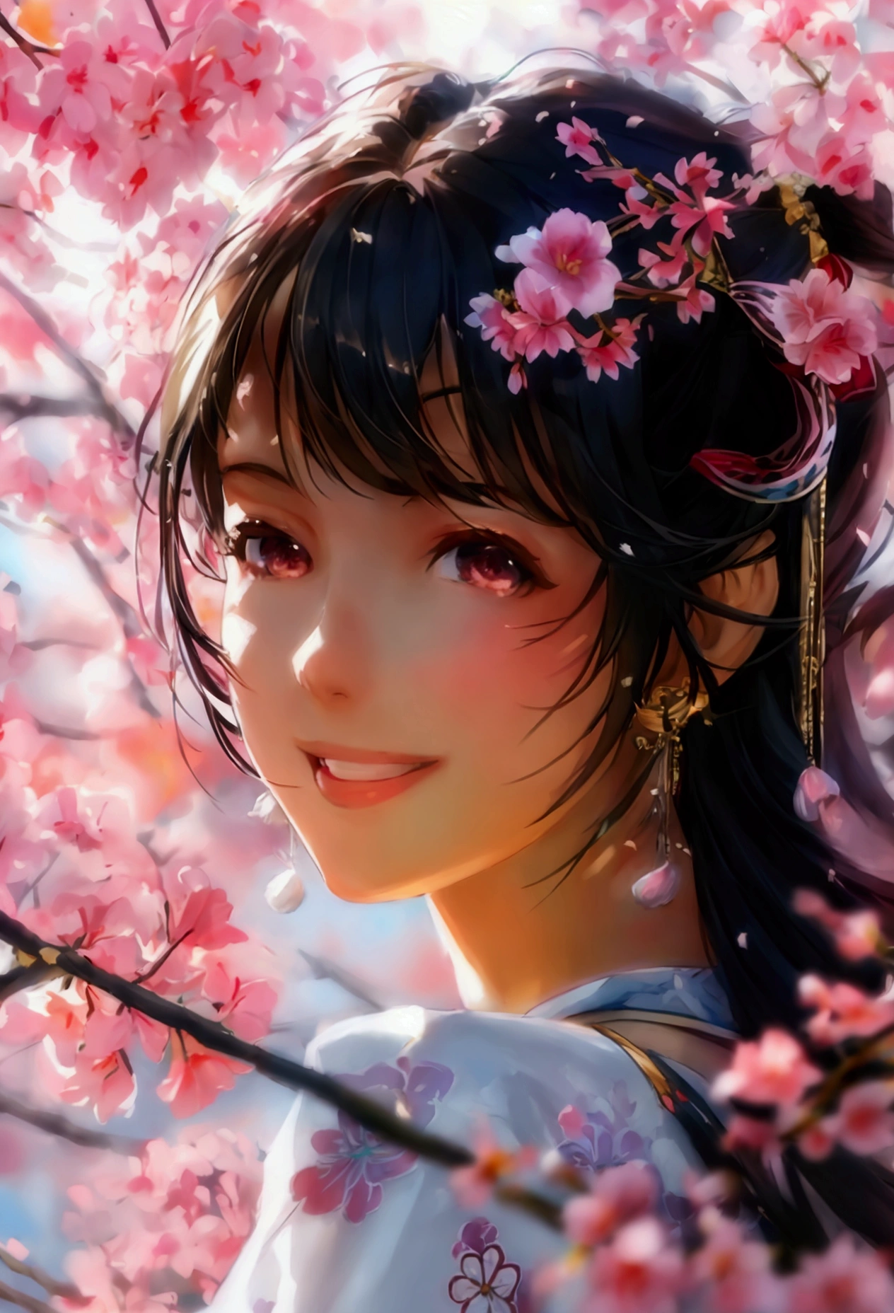 Girls​, Turning to look at the face, smiling, behind the hand of the sakura tree.