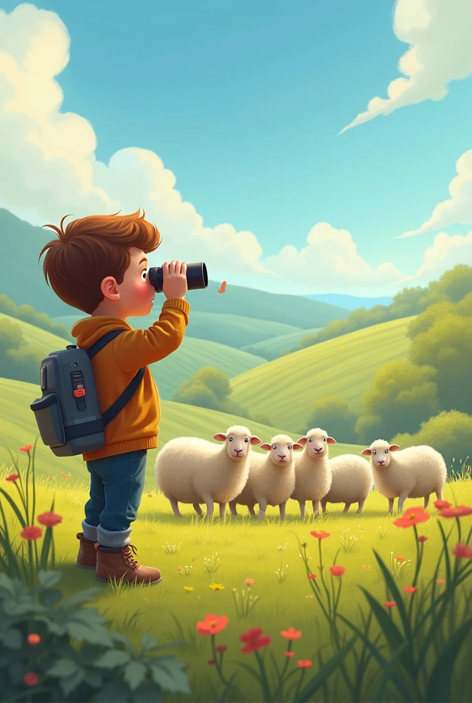 make a banner with a boy looking at a flock of sheep with binoculars
