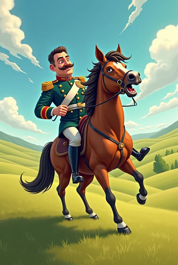 Draw me a picture of a funny general riding a stupid horse on the grasslands.