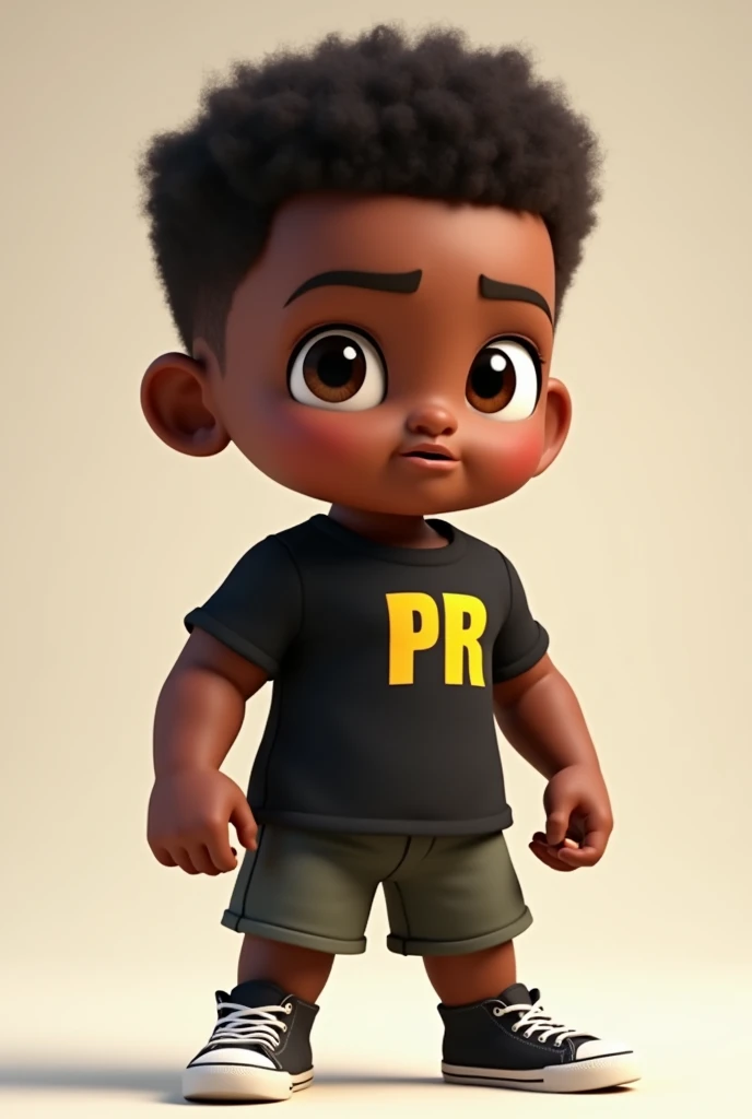Create a animated childacter, dark-skinned, the gym body, with a black shirt with PR written on the right chest in yellow
