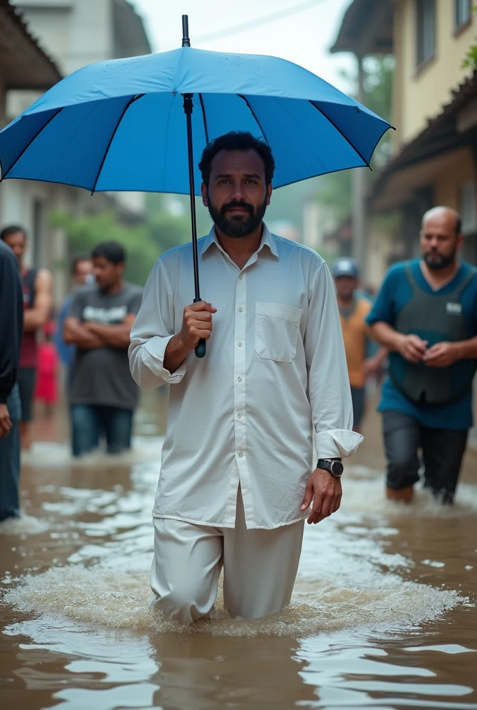 A man with dark hair and beard 30 year old politician wearing plain full handed white shirt and pant they helping people in flood with an thick blue colour umbrella
