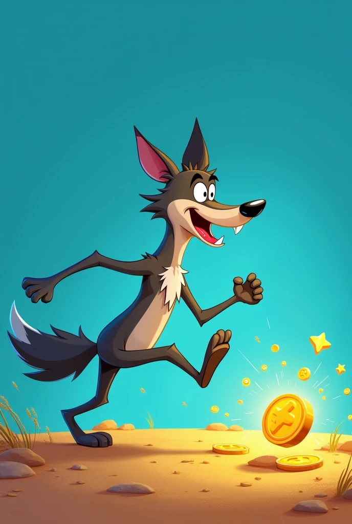 Cartoon wolf on blue background running after gold coin