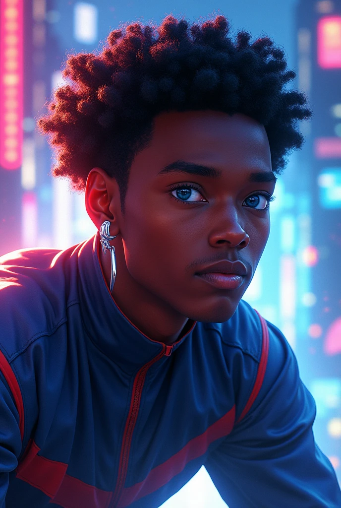 Spiderverse character. A young black man with black hair, medium curly hair. Blue eyes, silver earrings. Dark Brown skin. 24 years old, spiderverse cómic