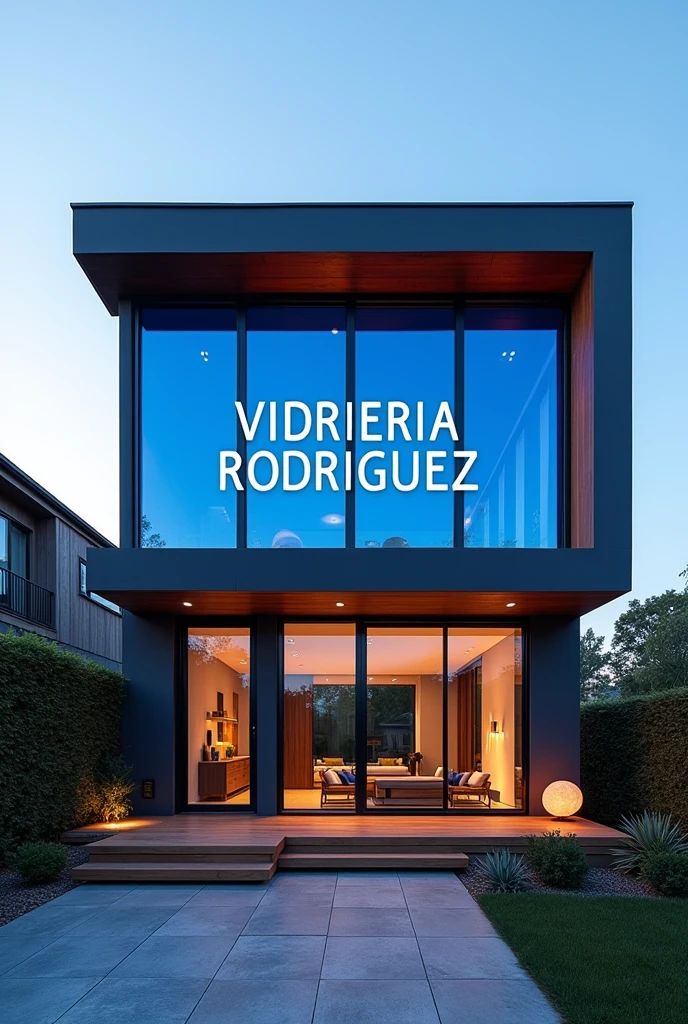 Windows with glass the blue color, desing modern, acustic, house full color, name VIDRIERIA RODRIGUEZ into the glasses with letter big.