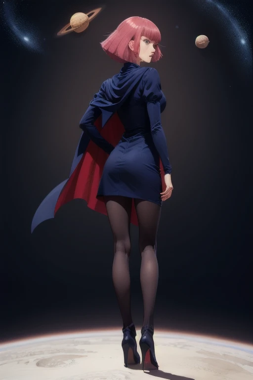 masterpiece, high quality, solo, looking back, 
haman_karn,1woman, pink hair, short hair, sidelocks, bangs, eyebrows, blue eyes,
collarbone, cape, black dress, puff sleeves, long sleeves, juliet sleeves, pantyhose, heels, 
standing in outer space, one hand on hip, detailed background, planets, stardust, (floating hair, outdoors, wind:1.2) 