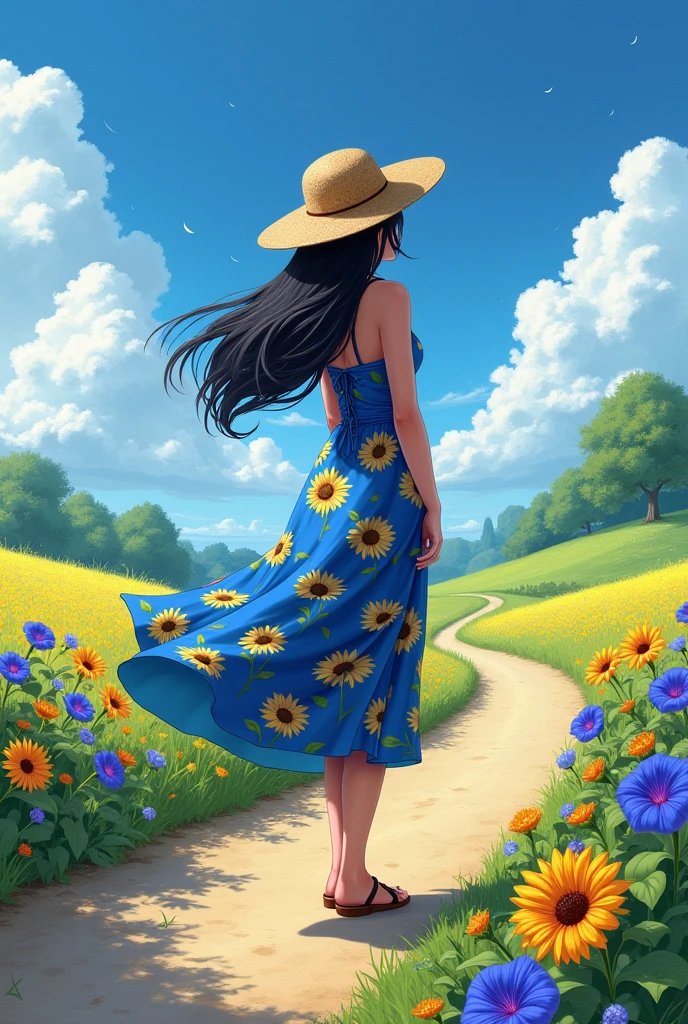 1 girl,black hair, big breasts,straw hat,One-piece dress with sunflower pattern on blue ground color,She is standing on a jarry road in the countryside,She holds her straw hat on top with her right hand,She's looking up at the sky,The area around the Jariji road is filled with morning glories,blue sky,cumulonimbus