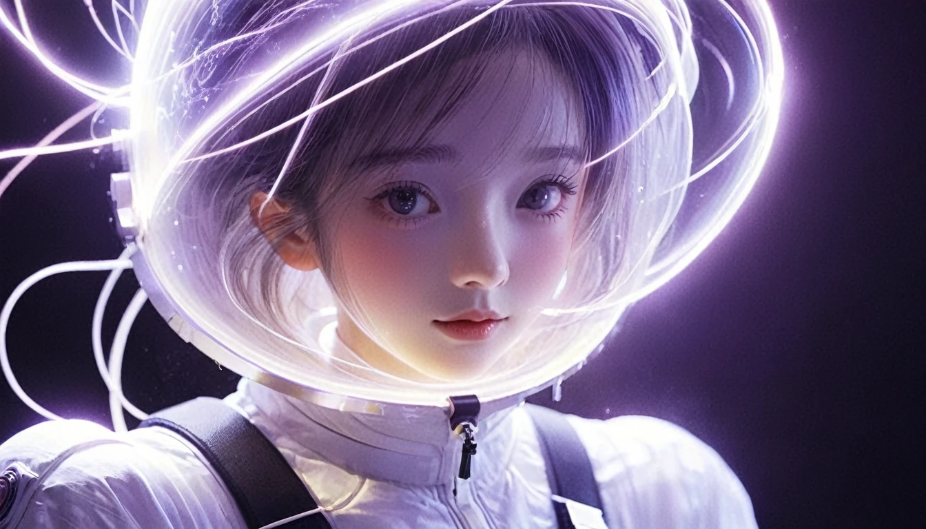 Spacewalk、bail_particle,bail_OK,Lines of Light,光のparticle,A girl made of particle,The density of OK at the finger part is high,(Gray Hair:0.3),