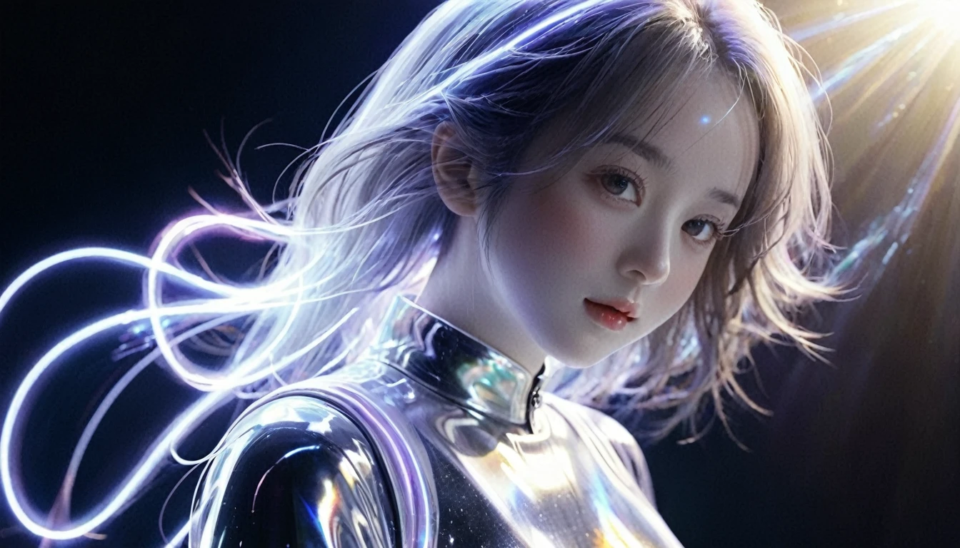 Spacewalk、bail_particle,bail_OK,Lines of Light,光のparticle,A girl made of particle,The density of OK at the finger part is high,(Gray Hair:0.3),