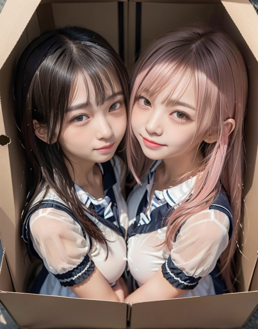 8k,masterpiece,Japanese,best quality, two (schoolgirls:1.4), (crowded box:1.5), (reluctantly:1,6), (blush:1.3), (breasts:1.1)