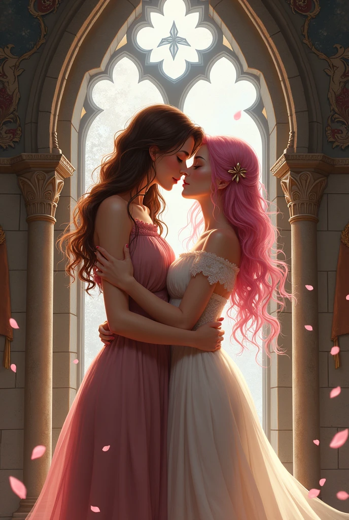 Brunette girl kissing another pink haired girl in a castle