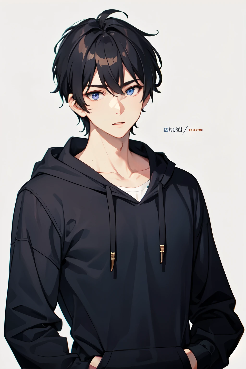 He is skinny, wears a black long-sleeved hoodie, has short black hair and navy blue eyes.２０Old Man、Upper body image