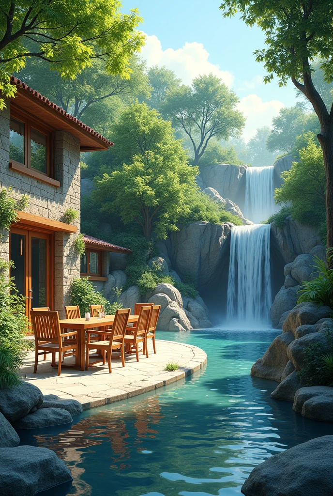 The image shows a beautiful outdoor patio area with a stone building on the left side. The patio is surrounded by trees and greenery, and there is a small waterfall cascading down the right side of the image. The water is crystal clear and there are rocks and boulders scattered around the patio. There are several wooden chairs and tables on the patio, providing a comfortable seating area for outdoor dining. The sky is blue and the overall atmosphere is peaceful and serene.4k realistic