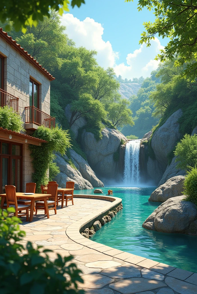 The image shows a beautiful outdoor patio area with a stone building on the left side. The patio is surrounded by trees and greenery, and there is a small waterfall cascading down the right side of the image. The water is crystal clear and there are rocks and boulders scattered around the patio. There are several wooden chairs and tables on the patio, providing a comfortable seating area for outdoor dining. The sky is blue and the overall atmosphere is peaceful and serene.4k realistic