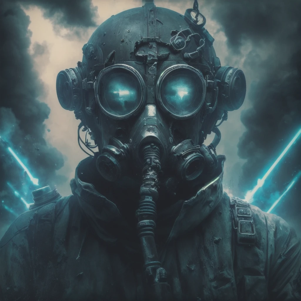 Arafad man in gas mask with gas mask and goggles, mystical post-apocalyptic cyborg, symmetrical warrior in dieselpunk style, car black dieselpunk grimcore, Futuristic Gas Mask, postApocalyptic atmosphere, apocalyptic art, постApocalyptic atmosphere, Apocalyptic atmosphere, apocalypse art!!!!, fantasy cyberpunk horror, dystopian sci-fi character, post-apocalyptic explorer
