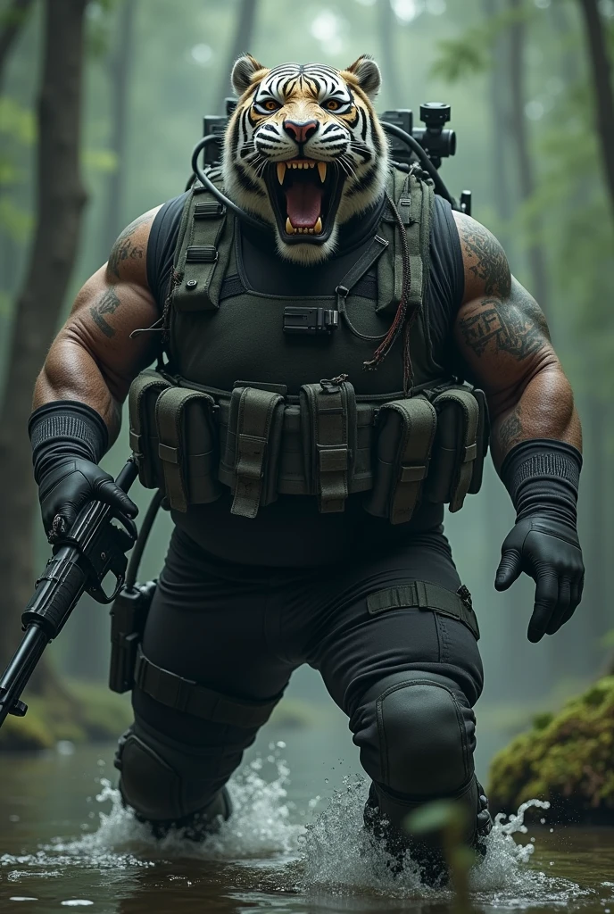 (a dark-skinned fat muscular old man in skintight scuba diver suit) carrying a gun in right hand, (wearing realistic roaring tiger mask), (wearing black sky mask), dynamic action pose, fierce expression, showcasing an imposing stature, surrounded by military elements, dramatic shadows and intense highlights, cinematic color tones, high detail, powerful, art influenced by Bruce Onobrakpeya and Stanley Artgerm, ultra-detailed, best quality image, action-packed atmosphere. fighting stance. patrolling in a swamp