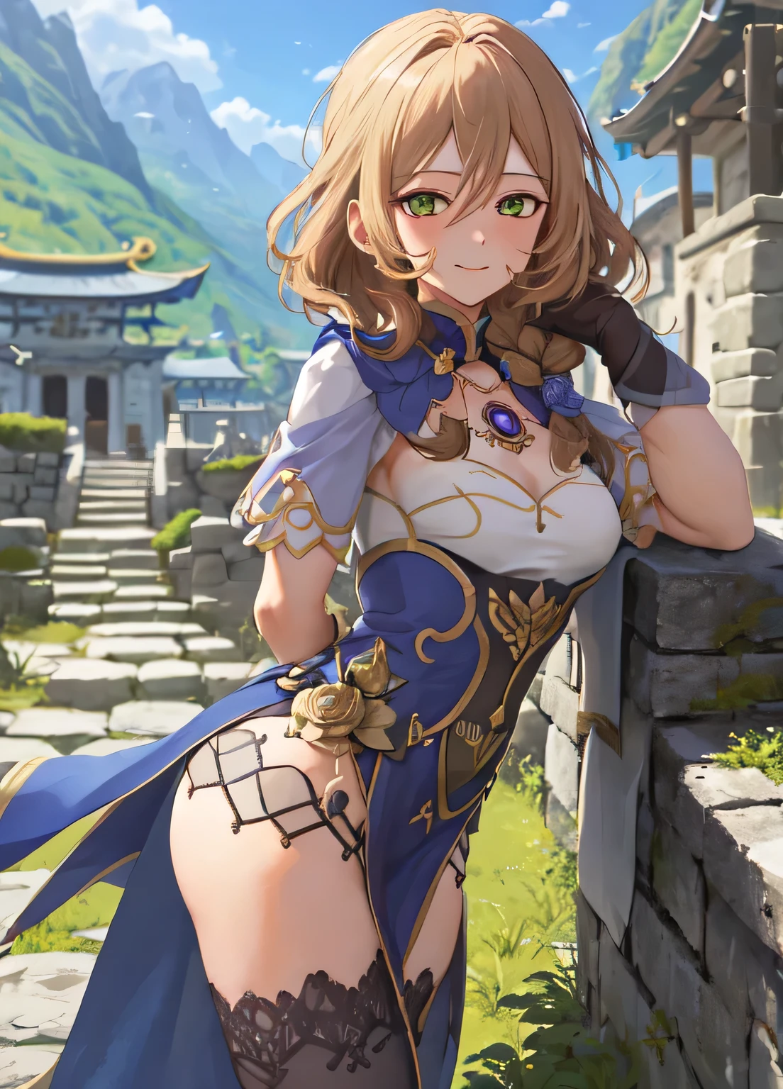 additional defense, trunk, ssmile, blush, plein-air, giorno, simple background, blue sky, shorth hair, sky, temple, looking ahead at viewer, staircase, moutain, moody lighting, front viewer,