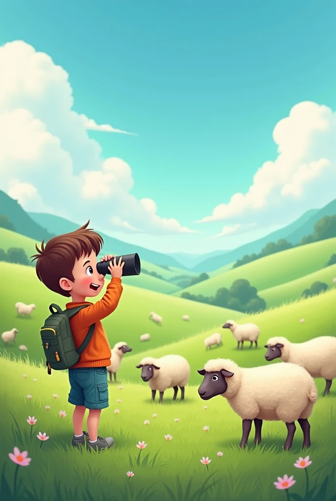 make a banner with a boy looking at a flock of sheep with binoculars