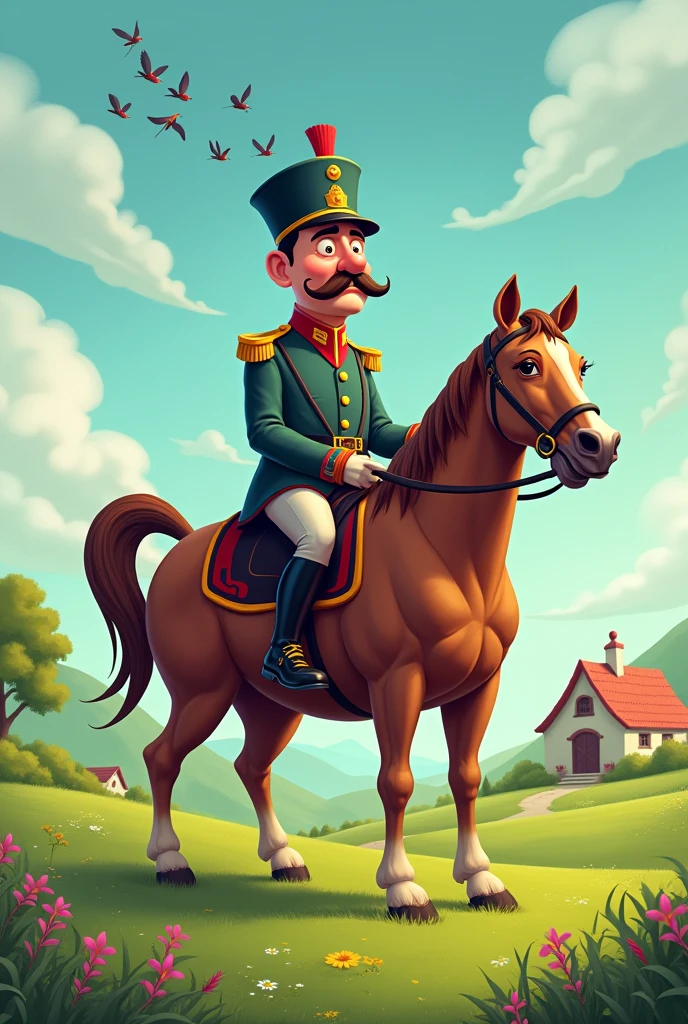 Draw me a picture of a funny general riding a stupid horse on the grasslands.