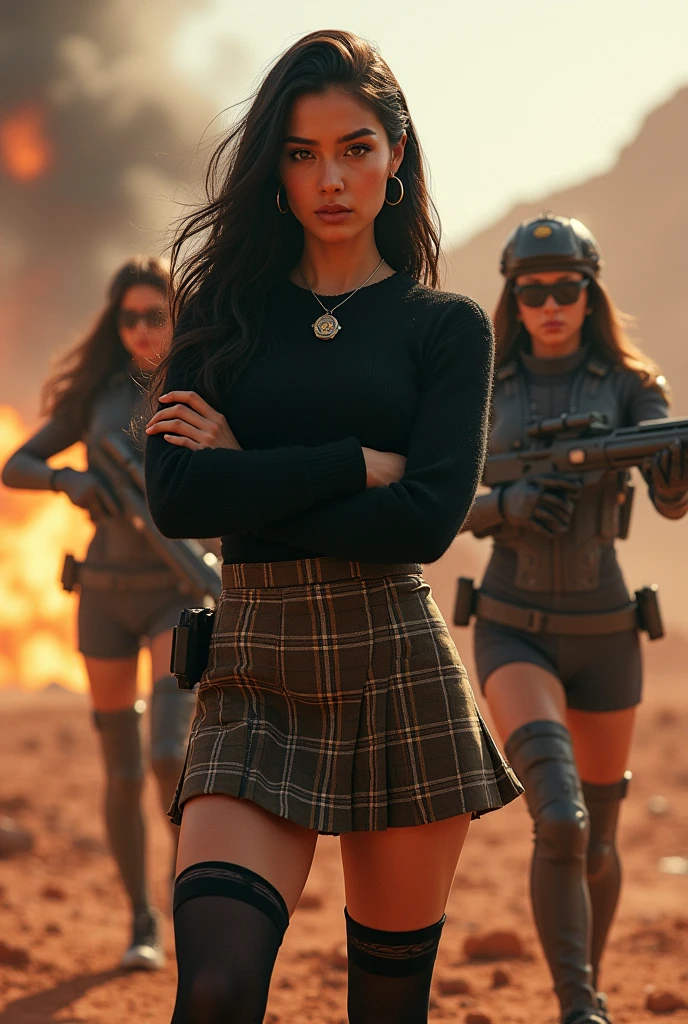 A cinematic still of two MRSs supporting huge weapons and attacking. 1girl, solo,huge breasts,(long lashes:1.1),puffy lips, brown eyes, black hair, long hair, bangs, earrings, necklace, black sweater, black coat, coat on shoulders, black skirt, high-waist skirt, plaid skirt, wristwatch, black thighhighs, explosions, battlefield, weapons, heavy weapons, smoke, fire,Martian Weather Station, Outpost studying Martian atmosphere, weather patterns, and climate change., Posing with arms folded ,