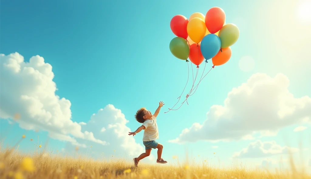 image of a small child running after colorful balloons flying in the clouds, sunny weather.