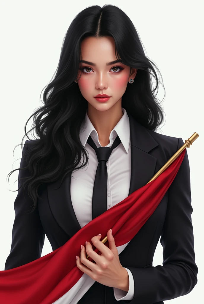 Portrait, beautiful woman, holding Indonesian flag, alpha female, shirt, blazer, tie, elegant, black hair, white background