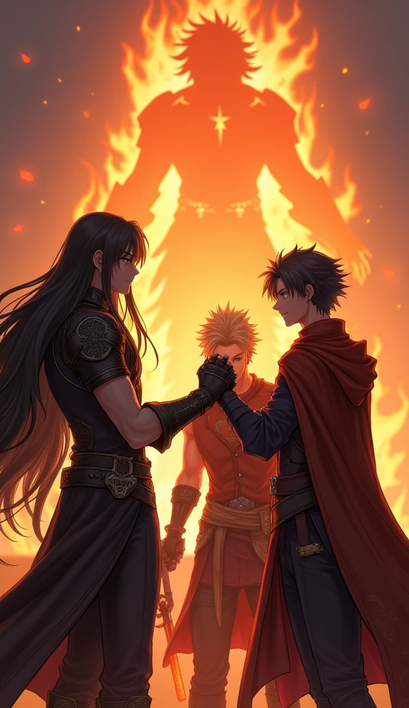 In a dramatic scene where the tumult of battle has subsided, the background features a subdued Fire Embodiment, its once-roaring flames now dimmed and calm. The fiery entity, now appearing more tranquil and subdued, emits a gentle glow that casts a warm light over the scene.
In the foreground, Voltex, Valis, and the Fire Guardian are depicted sharing a moment of triumph and camaraderie. Voltex stands tall with his long black hair flowing, his expression one of satisfaction and relief. Valis, with his long black hair and striking gothic attire, looks on with a rare smile, his fierce eyes reflecting a sense of victory. The Fire Guardian, a handsome man in a flame-patterned tunic, beams with joy and relief, his fiery sword held loosely at his side.
The three figures are engaged in a gesture of celebration, perhaps a shared handshake or a high-five, symbolizing their hard-won victory. The subdued Fire Embodiment in the background serves as a reminder of the intense battle they faced, now a peaceful presence as the heroes revel in their success. The scene is filled with a sense of camaraderie and accomplishment, illuminated by the soft, warm light of the subdued fire entity.