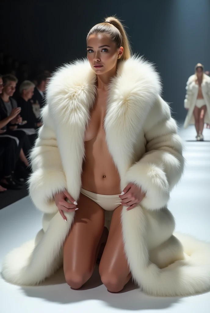 Very wide、Very thick, white mink fur coat, Thickness 100 cm, fluffy, Thick white mink fur collar, 3 floors、(Fur fashion show)、naked、Nordic beauties、High ponytail、(Very large breasts:4.1)、naked、(Squat down and spread your legs)