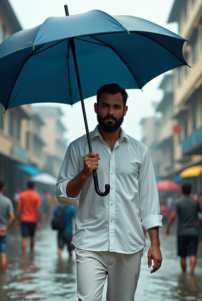 A man with dark hair and beard 30 year old politician wearing plain full handed white shirt and pant they helping people in flood with an thick blue colour umbrella