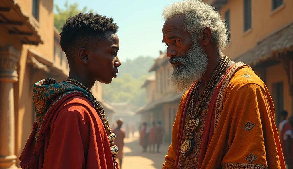 (African folktale)Zolani looked at his son, seeing in him the same fire that had once driven him to greatness—and to ruin. He sighed deeply, his voice carrying the weight of his past as he replied, "Mandla, my son, the power I wielded was not true power. It was born of fear and maintained through suffering.
The king is an old wise man dressed in a regal buth worn-out attire.
His son is a 22 years old man dressed in a rich vibrant robes that signify his royal heritage,
His son is pointing down
His expression a mix of anger and pride
