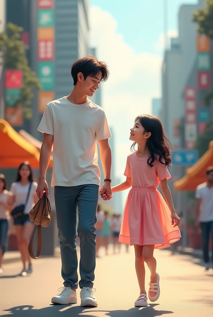 A handsome young man with black hair and a casual white t-shirt, resembling a Thai actor, is holding the hand of a young girl in a pink dress, walking across a city street."