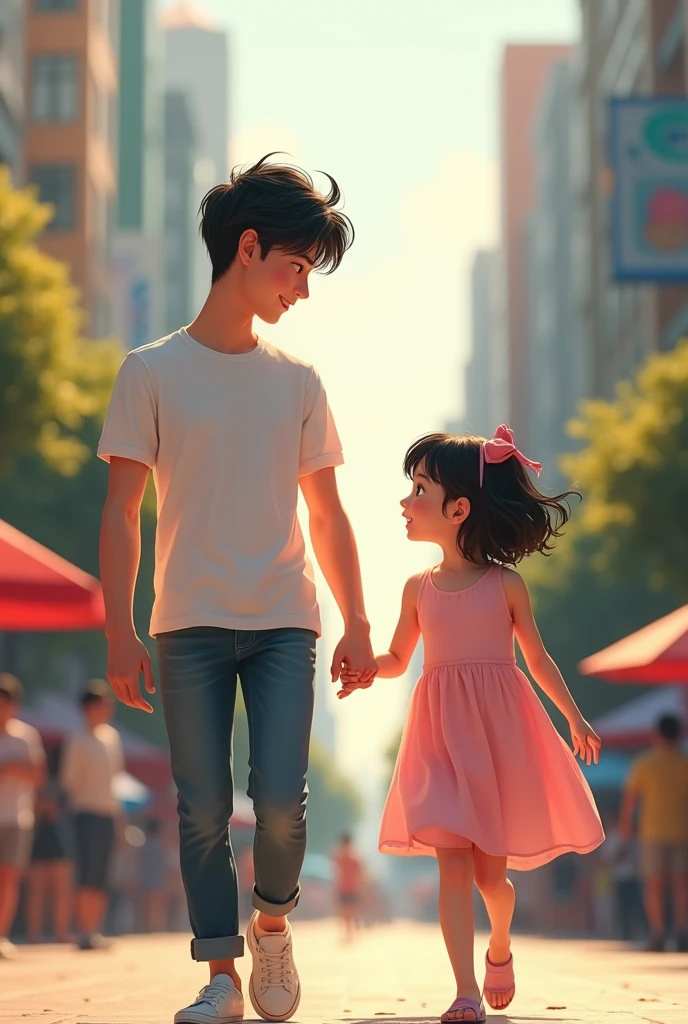 A handsome young man with black hair and a casual white t-shirt, resembling a Thai actor, is holding the hand of a young girl in a pink dress, walking across a city street."
