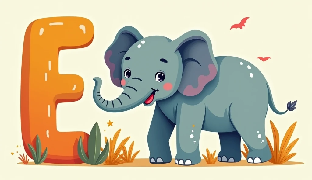 E**: "Show the letter 'E' alongside a large, friendly elephant. The elephant should be smiling and surrounded by nature-themed elements like trees or grass, with the letter standing out in bold colors."