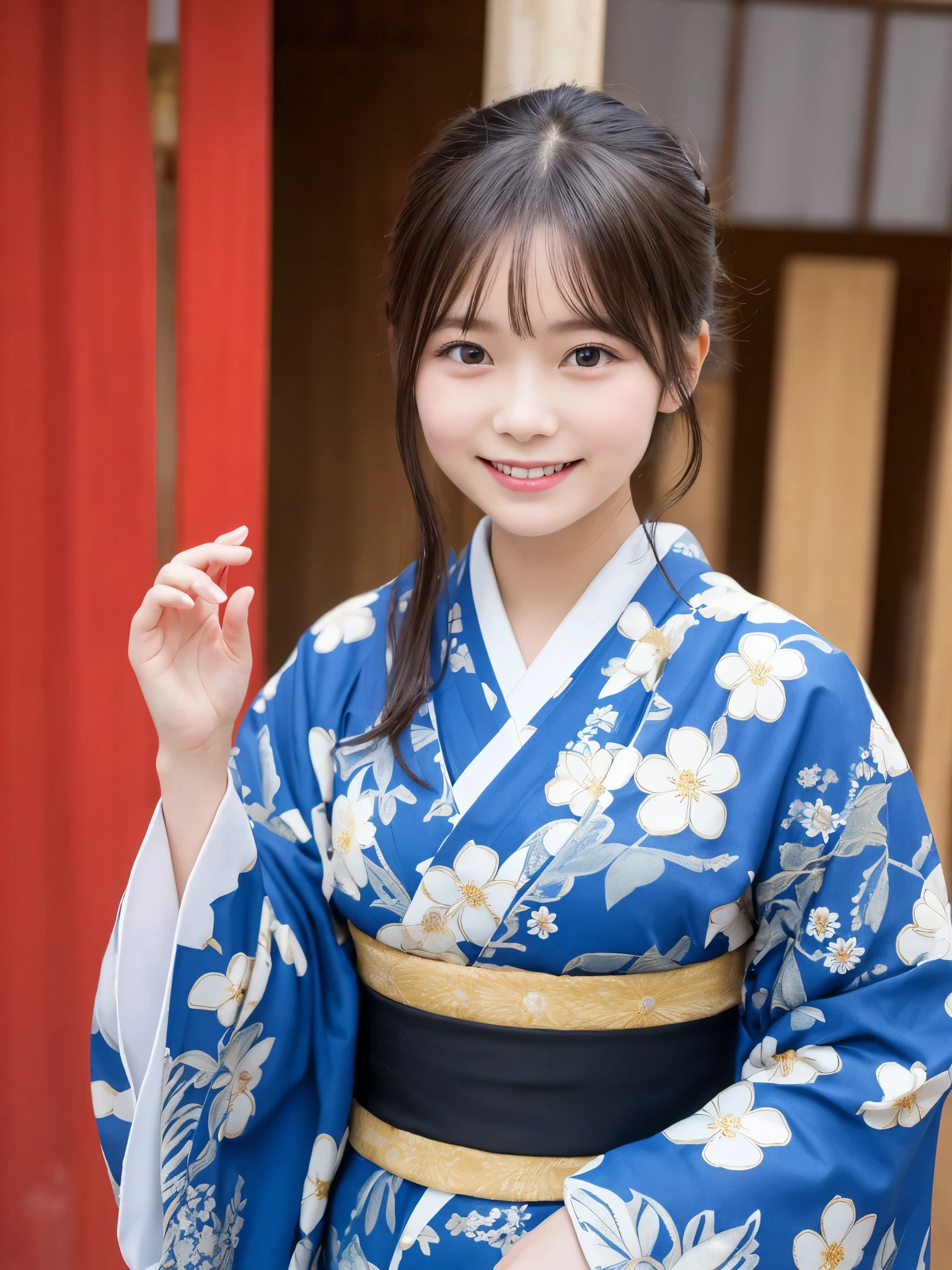 1girl, , cute and beautiful, solo, highres, best_quality, masterpiece, detailed_background, intricate_details, beautiful, kyoto, nijo_castle, historical, traditional_clothes, kimono, smile, looking_at_viewer, dynamic_pose, natural_pose, candid, happy