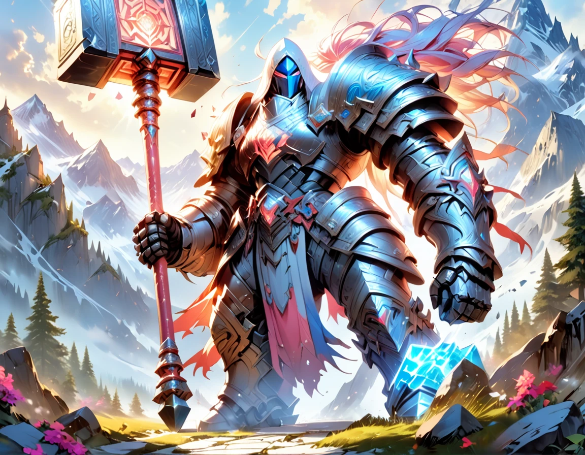 aa fantasy art illustration of a female giant knight armed with a ((mighty battlehammer: 1.5)) standing at the temple gates built on snowy mountain, (((she is as tall as the mountain: 1.3))) a wild beautiful, exotic beautiful giant knight, ((anatomically correct: 1.5), (ultra detailed face: 1.2), best detailed face, dynamic hair color, dynamic hair style, armed with a giant battlehammer, shiny battlehammer, weapon reflects the sunlight, studded with gems, wearing metal armor, dynamic armor color, wearing high heeled boots, standing near a fantasy temple, magnificent temple, with a tower, on snowy mountain (((she is as tall as the mountain:1.3))), vibrant, Hyperrealism style, vibrant, Ultra-high resolution, High Contrast, (masterpiece:1.5), highest quality, Best aesthetics), best details, best quality, highres, ultra wide angle, 16k, [ultra detailed], masterpiece, best quality, (extremely detailed) RAW, rpg portrait battlehammer, NRART