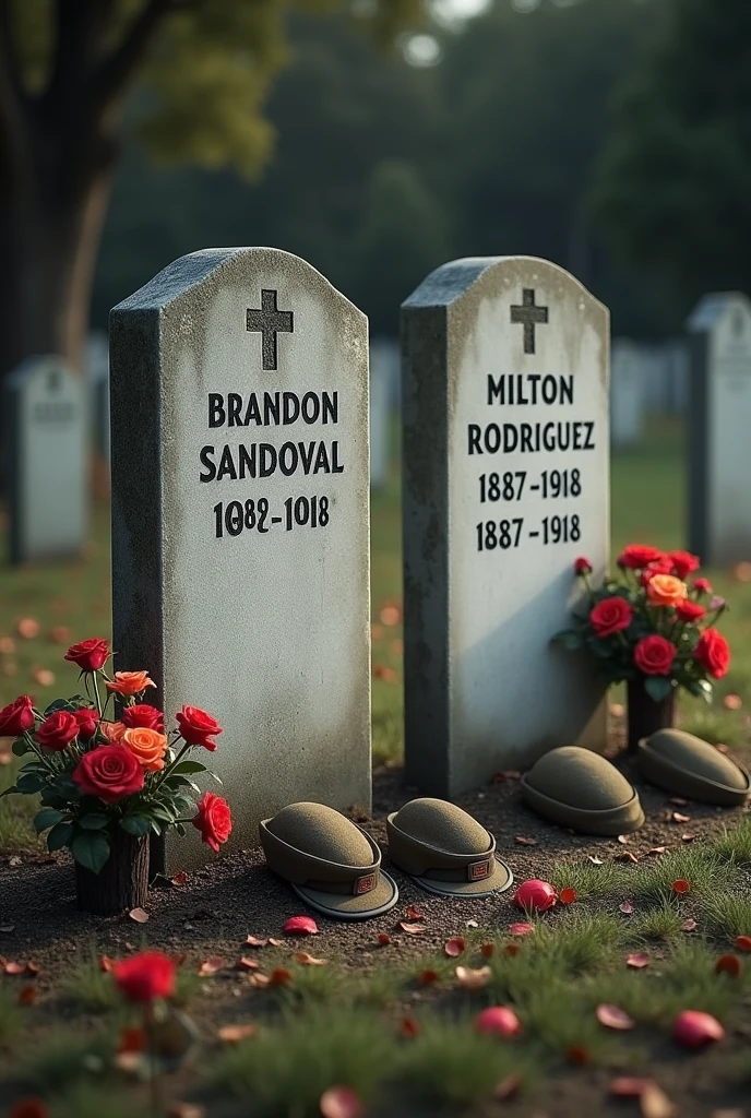 Create two tombstones together, One tombstone says "Brandon Sandoval 1888/1918" and the other tombstone says " Milton Rodriguez 1887/1918" Both graves are with roses and carnations and on one side there are military berets., It is a tribute to the fallen soldiers