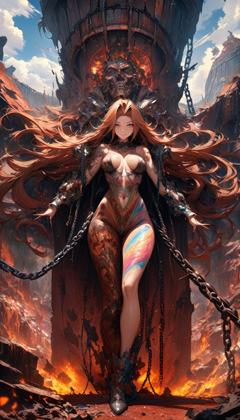 conceptual installation fantasy art, execution tool, beautiful woman smiling fearlessly inside (iron maiden), attractive and seductive face, covered in tattoos, superlative body proportion, countless iridescent dust falling, rust, chain, Heaven and Hell fusion, (ultra detailed, absolutely resolution, best quality:1.3), 2.5D, delicate and dynamic, graphic CG digital art