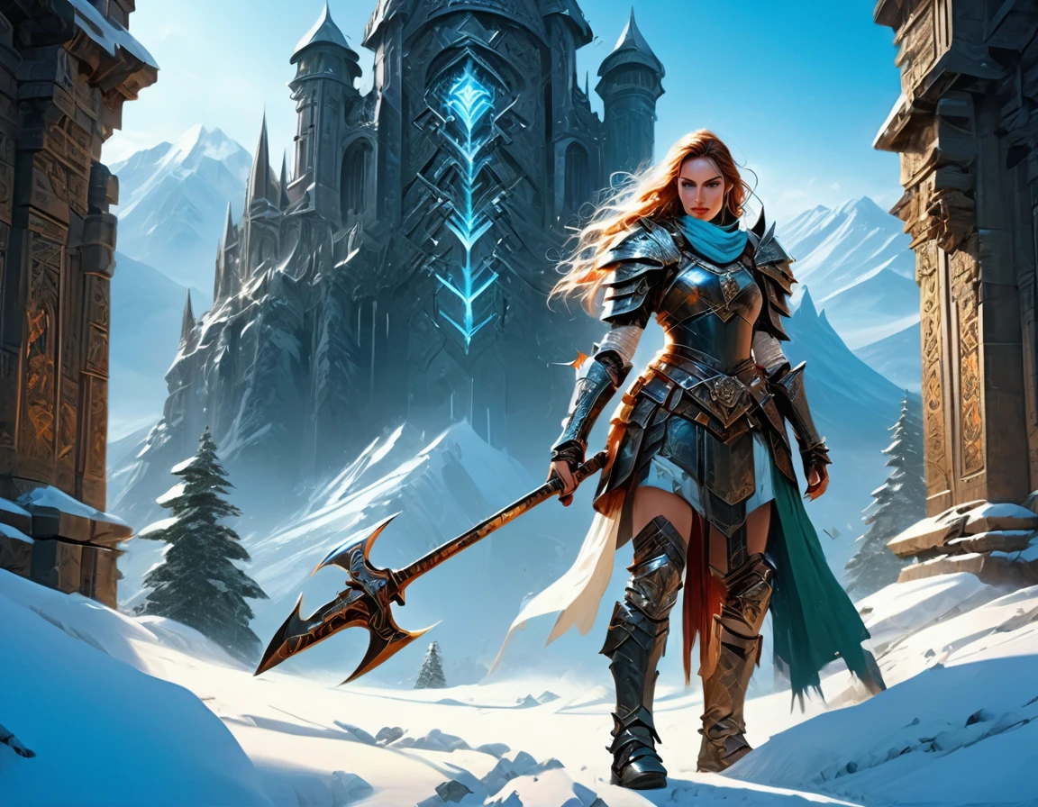 aa fantasy art illustration of a female giant knight armed with a ((mighty battleaxe: 1.5)) standing at the temple gates built on snowy mountain, (((she is as tall as the mountain: 1.3))) a wild beautiful, exotic beautiful giant knight, ((anatomically correct: 1.5), (ultra detailed face: 1.2), best detailed face, dynamic hair color, dynamic hair style, armed with a giant axe, shiny axe, its blade reflects the sunlight, studded with gems, wearing metal armor, dynamic armor color, wearing high heeled boots, standing near a fantasy temple, magnificent temple, with a tower, on snowy mountain (((she is as tall as the mountain:1.3))), vibrant, Hyperrealism style, vibrant, Ultra-high resolution, High Contrast, (masterpiece:1.5), highest quality, Best aesthetics), best details, best quality, highres, ultra wide angle, 16k, [ultra detailed], masterpiece, best quality, (extremely detailed) RAW, rpg portrait battleaxe 